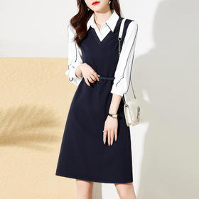 JH8001 2022年春季新款韩版衬衫马甲连衣裙套装女腰带收腰两件套
