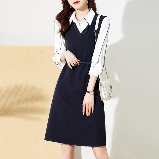 JH8001 2022年春季新款韩版衬衫马甲连衣裙套装女腰带收腰两件套 商品图0