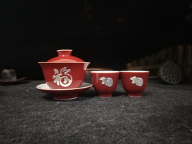 华艺银坊 银鼠送福系列贴银套装茶具礼品 景德镇陶瓷 纯银990