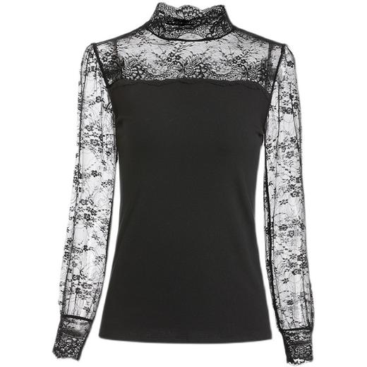 KQL- E001M6154 2022春夏新款纯色莫代尔拼接蕾丝衫半高领修身显瘦打底衫长袖 商品图3