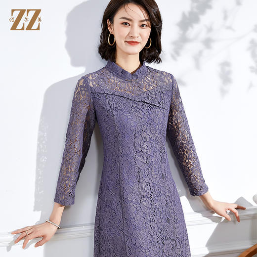 佐尔美春夏新款 蕾丝镂空9分袖收腰绣花连衣裙中长E13LL36 商品图2