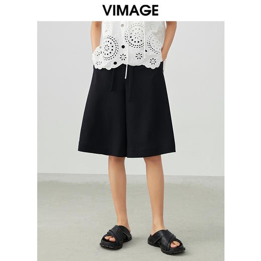 VIMAGE/纬漫纪夏季新款通勤百搭阔腿裤纯色简约A版短裤女裤V1705317 商品图3