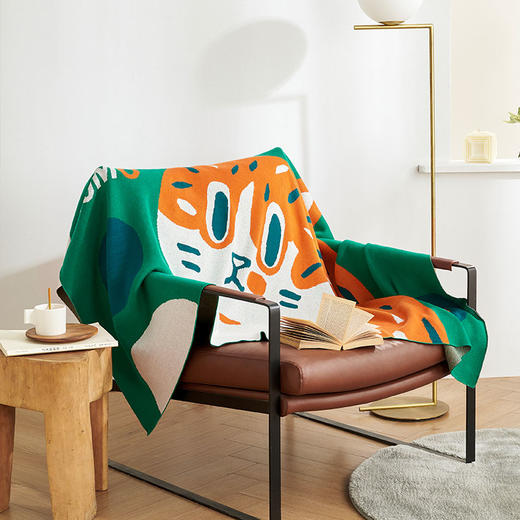 【幸运土猫】超级大猫lulu如茉家居休闲盖毯绿色披巾全棉针织提花原创设计 商品图0