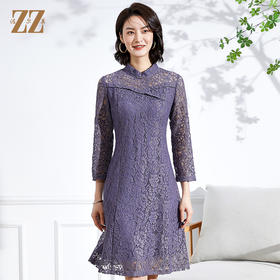 佐尔美春夏新款 蕾丝镂空9分袖收腰绣花连衣裙中长E13LL36