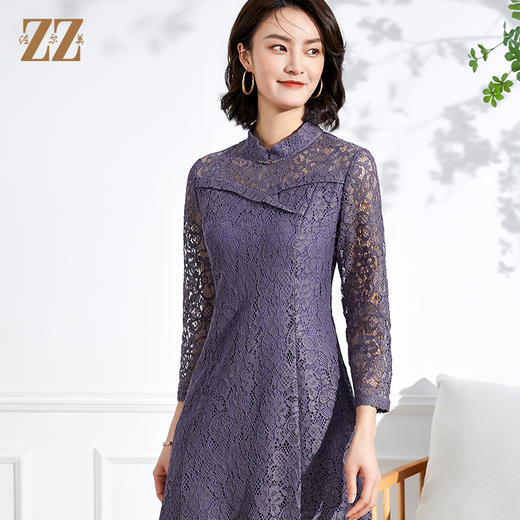 佐尔美春夏新款 蕾丝镂空9分袖收腰绣花连衣裙中长E13LL36 商品图3