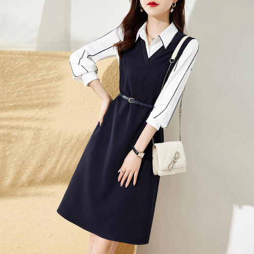 JH8001 2022年春季新款韩版衬衫马甲连衣裙套装女腰带收腰两件套 商品图1