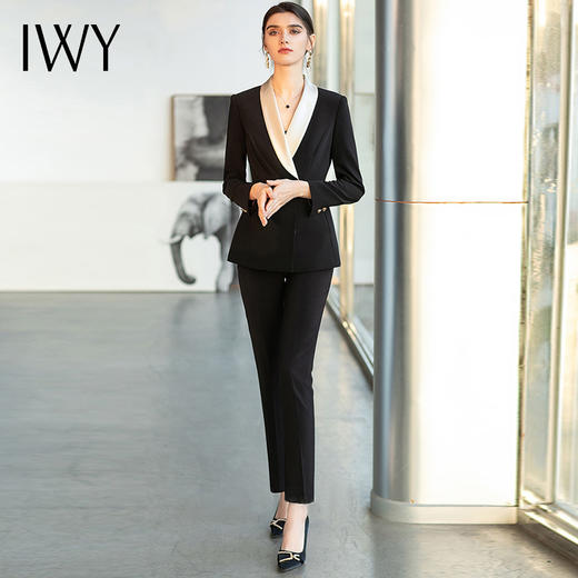 IWY/高级感时装气质接黑色拼香槟色醋酸西装外套女职业西服套装CP1471 商品图4