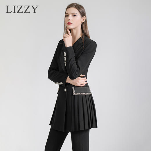 LIZZY2024精致时尚重工钉珠拼缎面加长西装外套+喇叭裤套装7494 商品图0