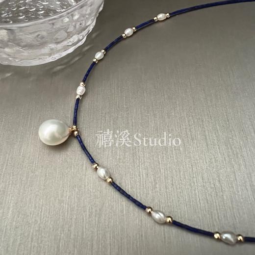 禧溪珠宝 伊斯坦布尔风情 极细青金石项链，配小米珠，冷白光完美水滴形珍珠吊坠，异域 商品图6