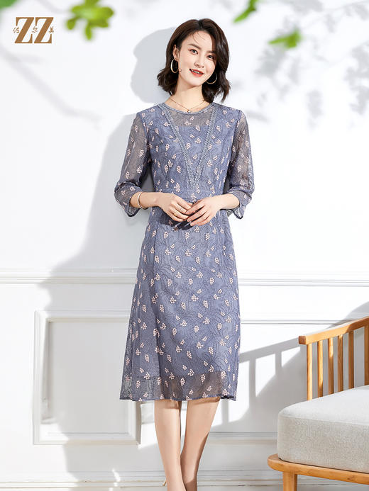 佐尔美春夏新款 蕾丝镂空收腰绣花连衣裙中长E11LL34 商品图0