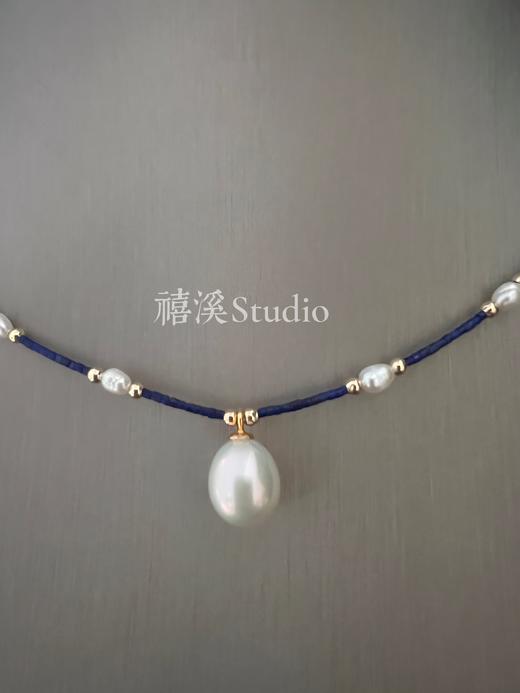 禧溪珠宝 伊斯坦布尔风情 极细青金石项链，配小米珠，冷白光完美水滴形珍珠吊坠，异域 商品图4