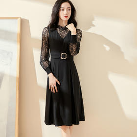 剩S/M 米思阳2025春季新款气质赫本风黑色蕾丝中长裙收腰显瘦连衣裙0064
