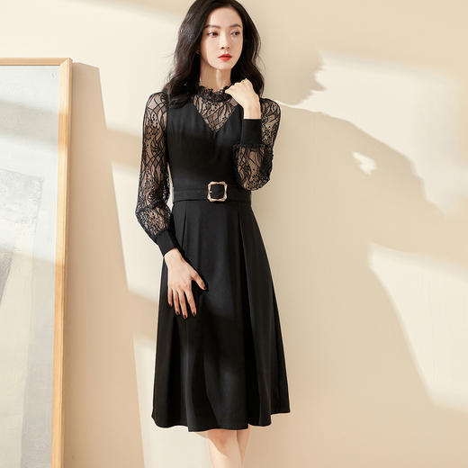 剩S/M 米思阳2025春季新款气质赫本风黑色蕾丝中长裙收腰显瘦连衣裙0064 商品图0