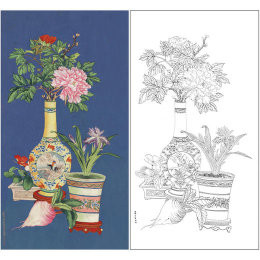 【大彩图】郎世宁工笔画白描底稿《平安富贵图》花瓶临摹勾线高清打印稿LS18 商品图0