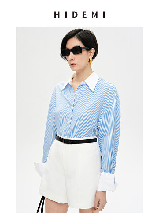 HIDEMI 海蓝白条纹缎面拼接衬衫 商品图5