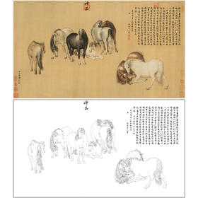 【大彩图】郎世宁横幅工笔画白描底稿《八骏图神品》骏马临摹勾线高清打印稿LS12