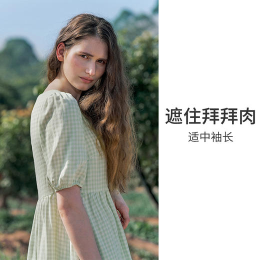 HSIA遐睡裙女全棉双层纱春夏款短袖方领套头裙田园格纹复古家居裙 商品图2