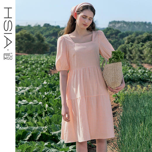 HSIA遐睡裙女全棉双层纱春夏款短袖方领套头裙田园格纹复古家居裙 商品图0