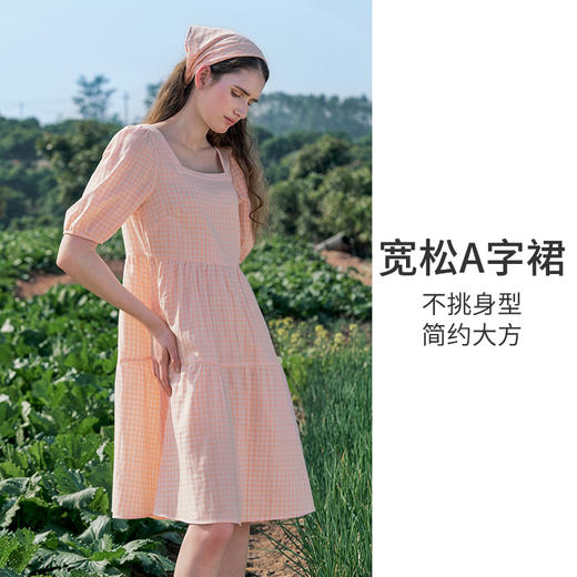 HSIA遐睡裙女全棉双层纱春夏款短袖方领套头裙田园格纹复古家居裙 商品图1