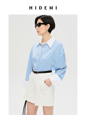 HIDEMI 海蓝白条纹缎面拼接衬衫