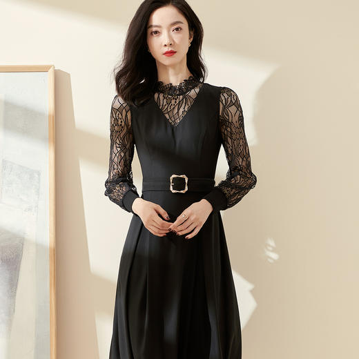 剩S/M 米思阳2025春季新款气质赫本风黑色蕾丝中长裙收腰显瘦连衣裙0064 商品图1