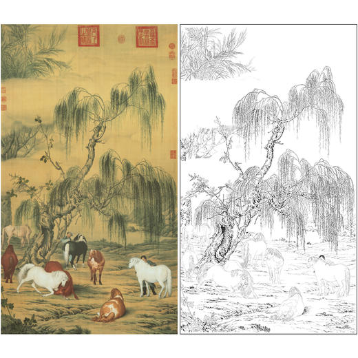 【大彩图】郎世宁工笔画白描底稿《八骏图》临摹勾线高清打印稿LS06 商品图0