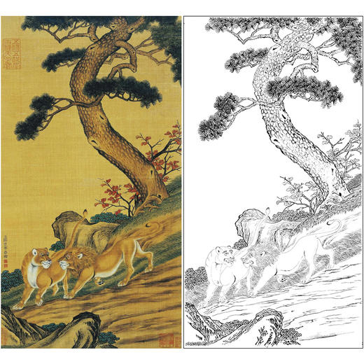 【大彩图】郎世宁工笔画白描底稿《双狮图》狮子临摹勾线高清打印稿LS15 商品图0