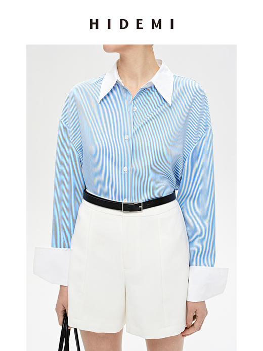 HIDEMI 海蓝白条纹缎面拼接衬衫 商品图4