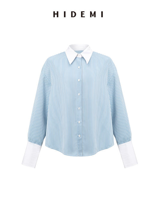 HIDEMI 海蓝白条纹缎面拼接衬衫 商品图7