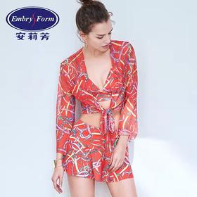 安莉芳印花比基尼分体泳装女网纱防晒温泉度假泳衣三件套ES00106