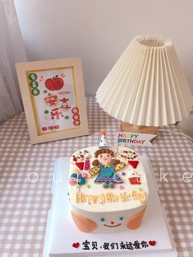 小女孩笑脸手绘方形蛋糕-低糖处理无添加