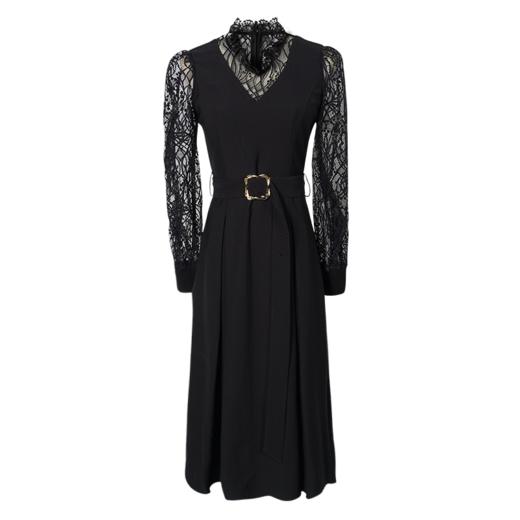 剩S/M 米思阳2025春季新款气质赫本风黑色蕾丝中长裙收腰显瘦连衣裙0064 商品图4