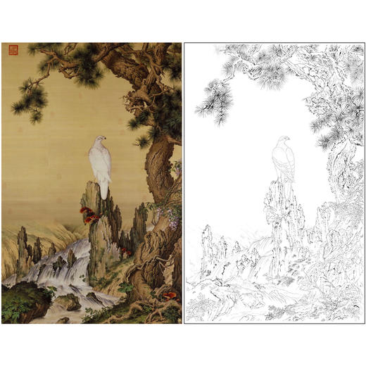 【大彩图】郎世宁工笔画白描底稿《嵩献英芝图》白鹰临摹勾线高清打印稿LS16 商品图0