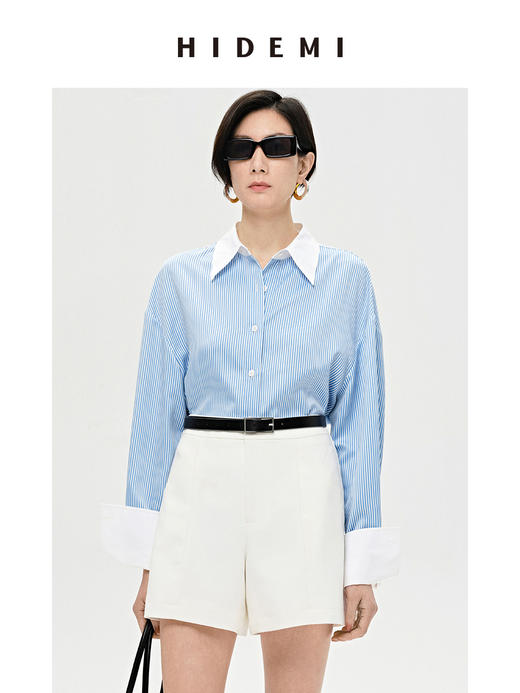HIDEMI 海蓝白条纹缎面拼接衬衫 商品图1