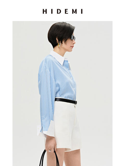 HIDEMI 海蓝白条纹缎面拼接衬衫 商品图3