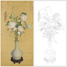 【大彩图】郎世宁工笔画白描底稿《聚瑞图》花瓶临摹勾线高清打印稿LS09