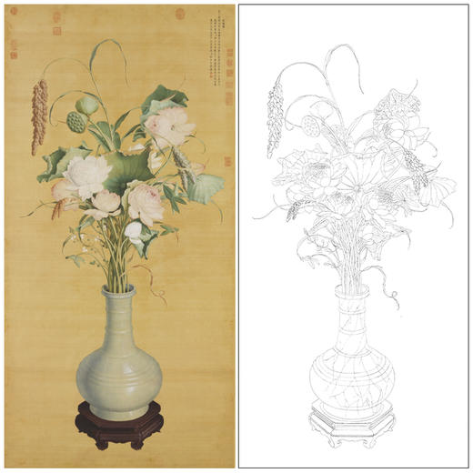 【大彩图】郎世宁工笔画白描底稿《聚瑞图》花瓶临摹勾线高清打印稿LS09 商品图0