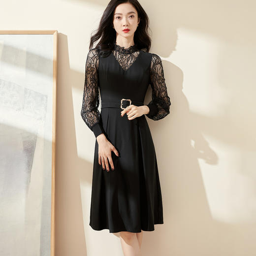 剩S/M 米思阳2025春季新款气质赫本风黑色蕾丝中长裙收腰显瘦连衣裙0064 商品图2