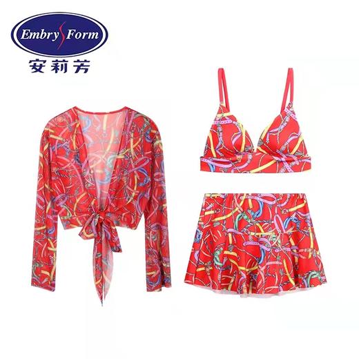 安莉芳印花比基尼分体泳装女网纱防晒温泉度假泳衣三件套ES00106 商品图1