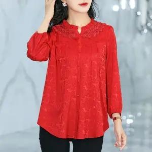 X009 长袖雪纺衫女新款洋气时尚大码小衫遮肚子宽松中年妈妈显瘦上衣 商品图0