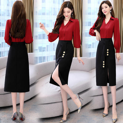 韩版修身，翻领衬衫+半裙两件套时尚套装HR-HBLJRA032 商品图4