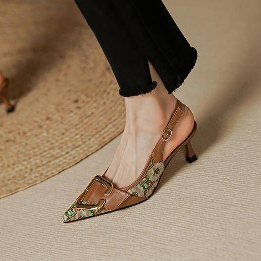 复古流行织物+头层牛皮后空单鞋PS769 商品图0