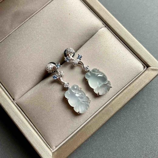 高冰种翡翠金鱼金玉满堂耳坠18k白金钻石蓝宝石镶嵌 商品图2