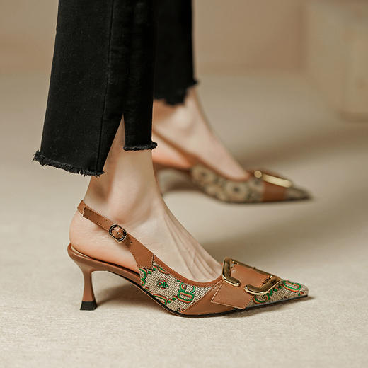 复古流行织物+头层牛皮后空单鞋PS769 商品图1