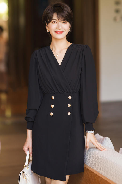 黑色连衣裙女春装新款高端气质轻熟风法式长袖收腰v领a字裙 商品图5