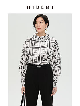 HIDEMI 经典几何印花翻领设计感廓形衬衫