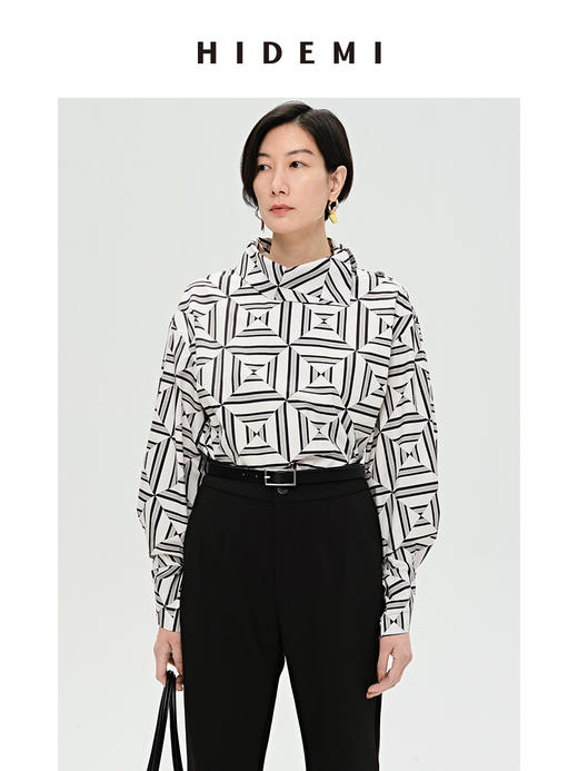 HIDEMI 经典几何印花翻领设计感廓形衬衫 商品图0