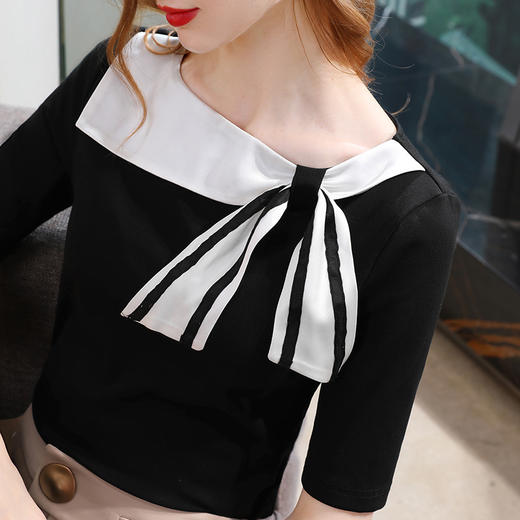 时尚百搭，中袖海军领半袖撞色蝴蝶结绑带五分袖上衣SG-T2C0107 商品图2