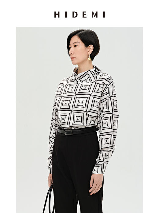 HIDEMI 经典几何印花翻领设计感廓形衬衫 商品图3