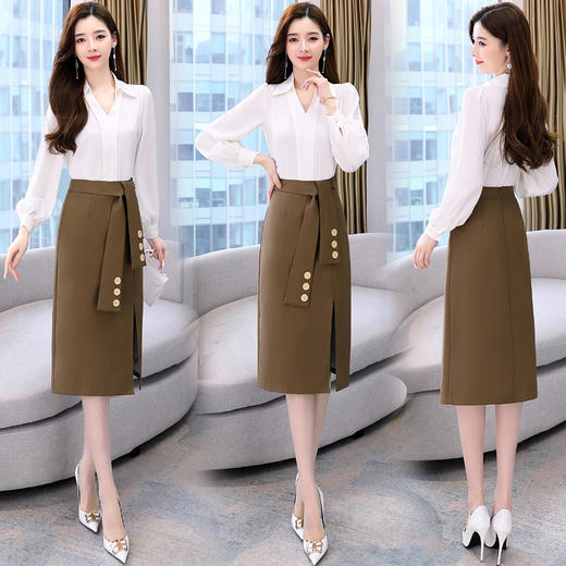 韩版修身，翻领衬衫+半裙两件套时尚套装HR-HBLJRA032 商品图2